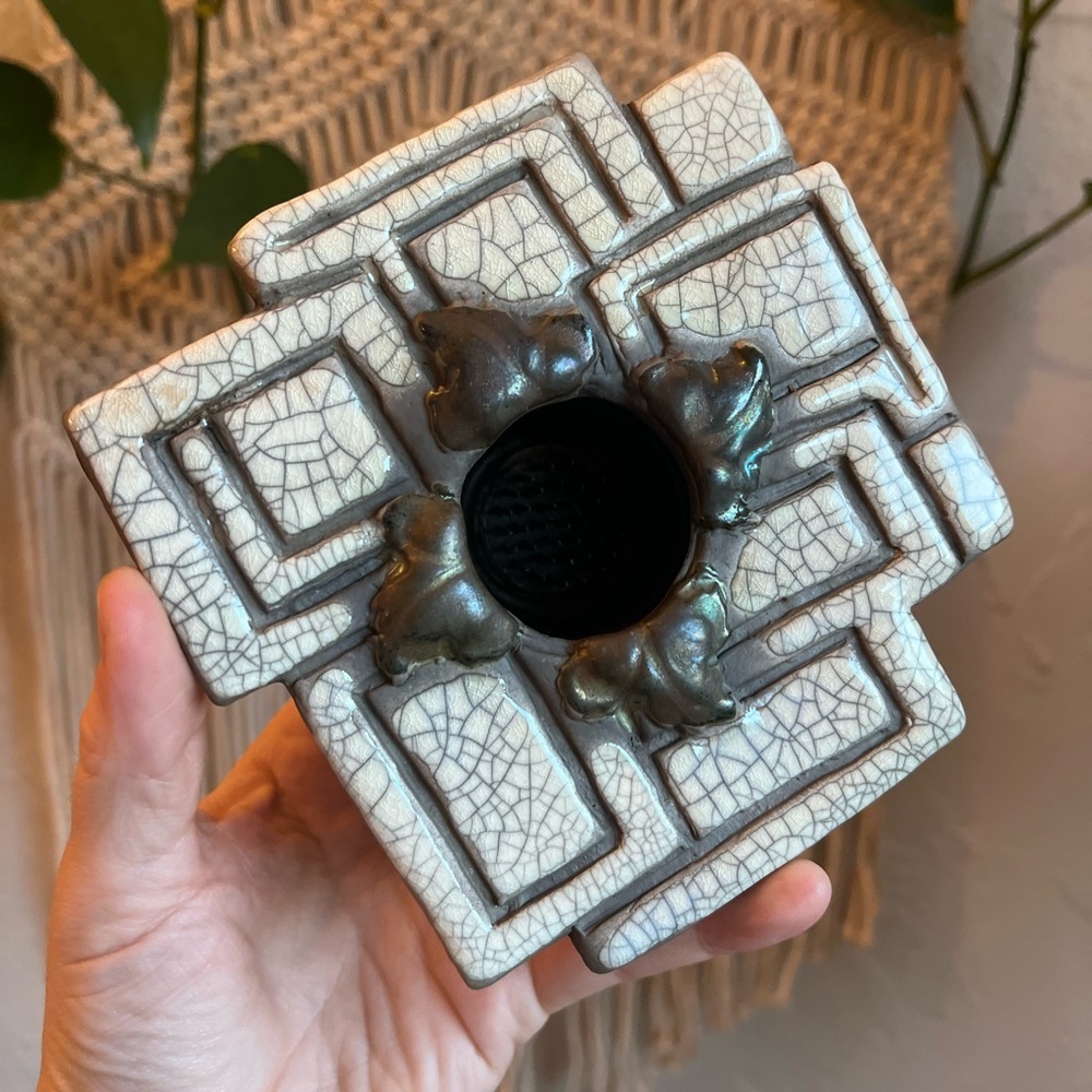 Vintage Japanese Prolon Ikebana Flower Frog • Ceramic Raku-Style Kenzan Holder